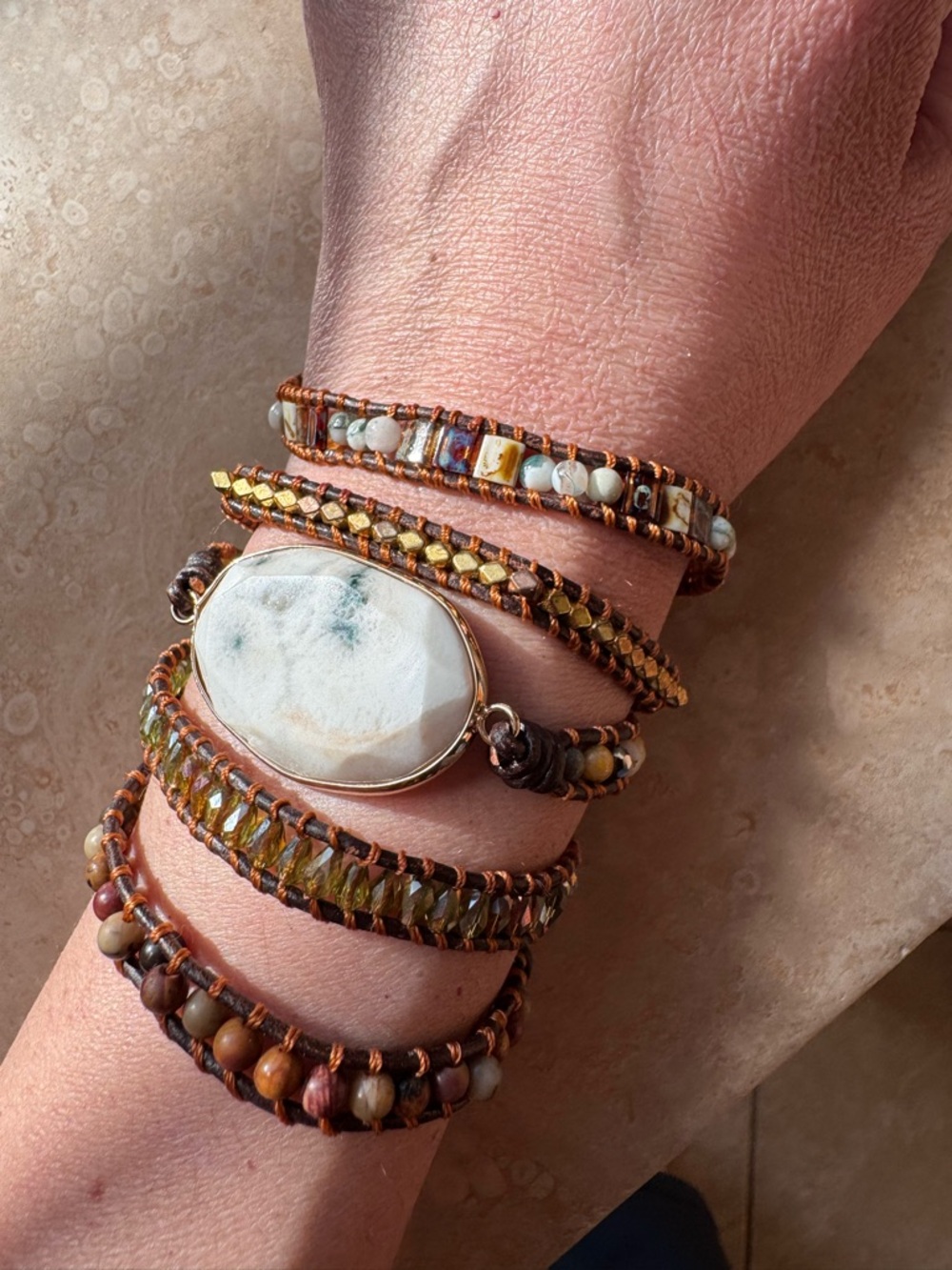 Handcrafted Multi-Strand Brown Beaded Wrap Bracelet with White Stone